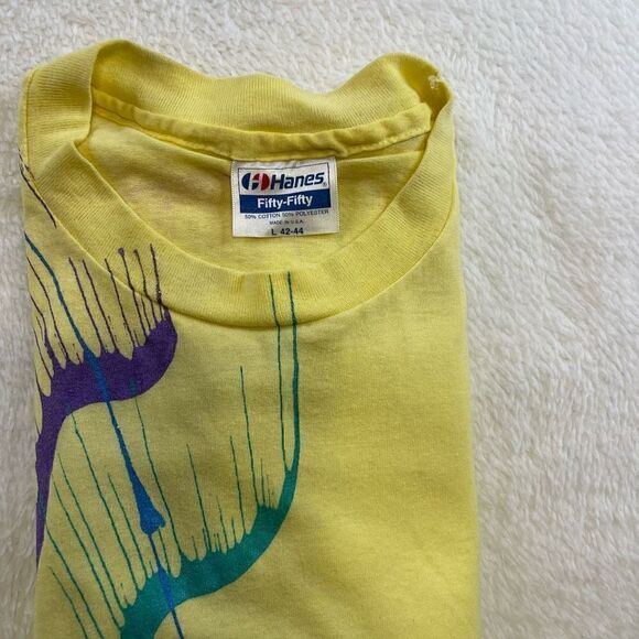 Large Vintage Hanes Fifty-Fifty Canary Yellow Custom Painted T-Shirt Glitter - Picture 15 of 16
